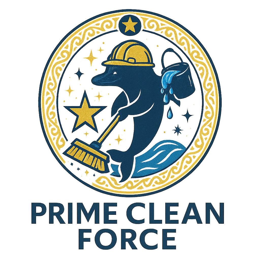 Prime Clean Force logo, dolphin with bucket and hard hat