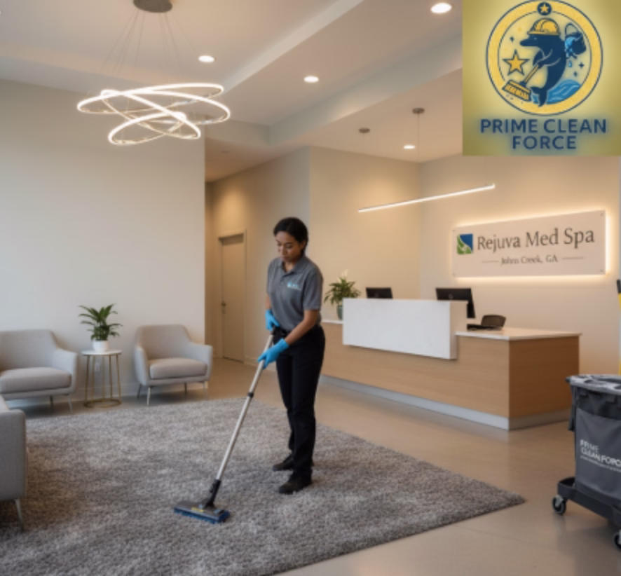 Prime Clean Force employee cleaning a med spa in Johns Creek GA