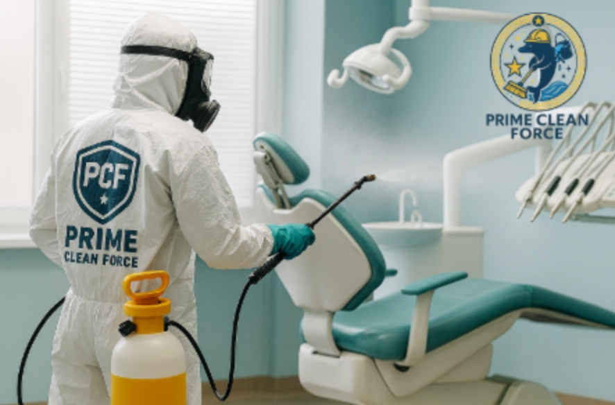 Professional cleaner wiping down a modern medical office lobby in Augusta, GA