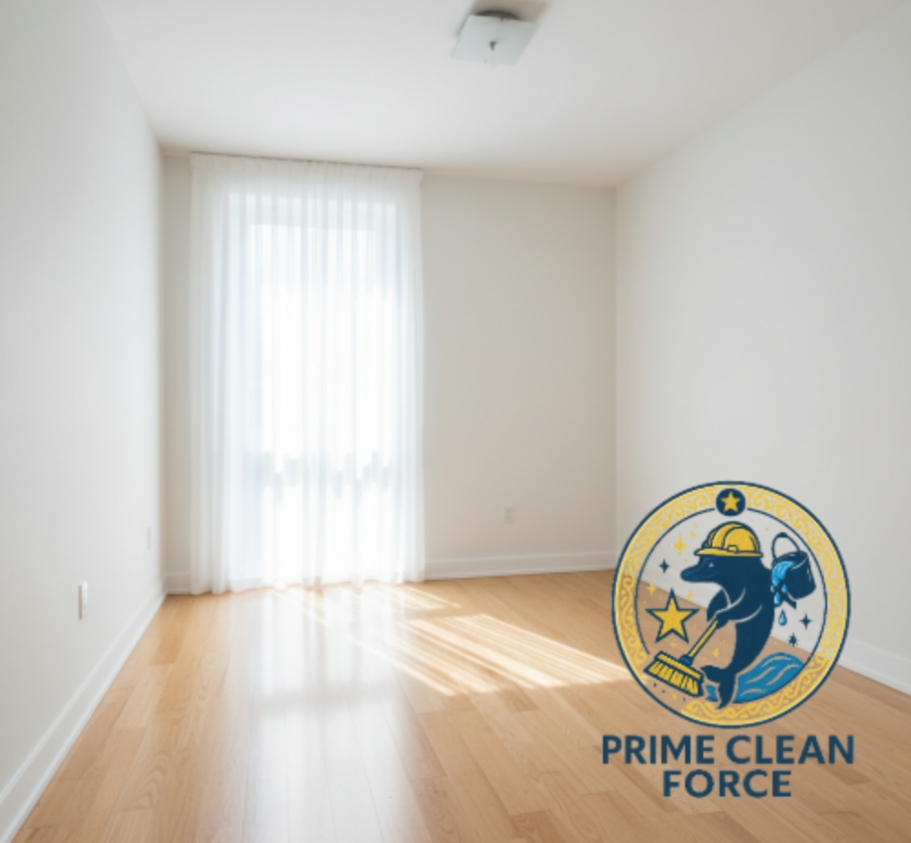 A bright, empty room with clean hardwood floors and white walls, ready for a new tenant.