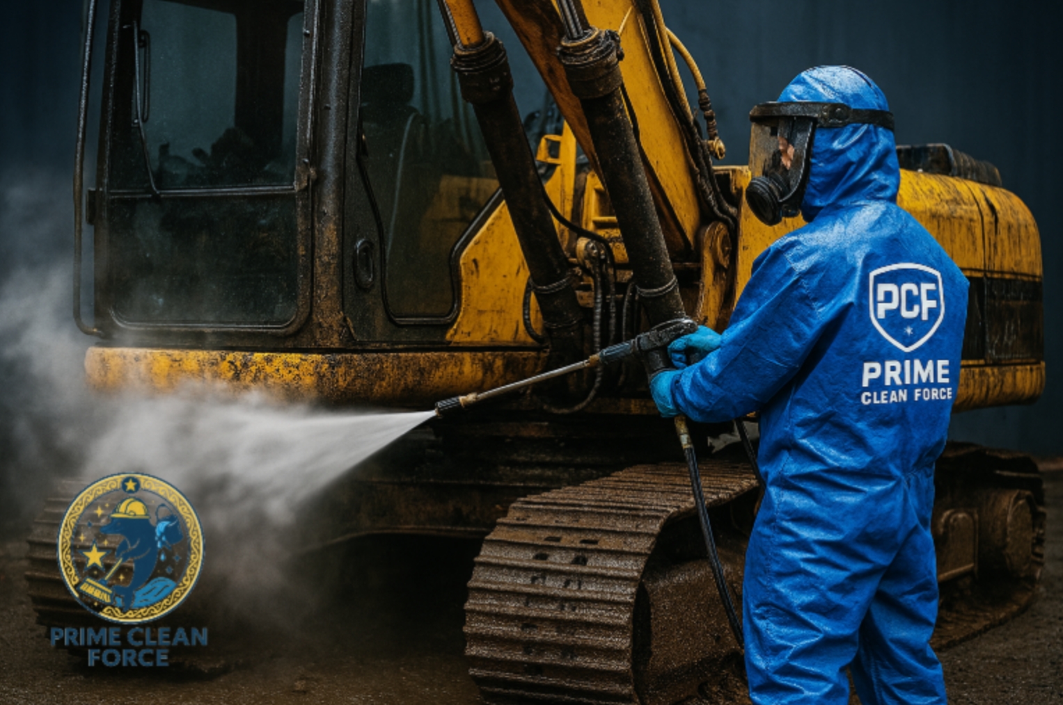 Prime Clean Force professional in action, power-washing a heavy-duty excavator at a construction site in macon ga