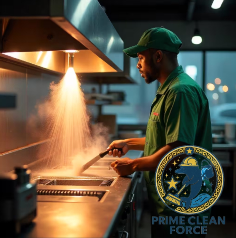 A professional cleaner in uniform power washing a stainless steel commercial kitchen exhaust hood.