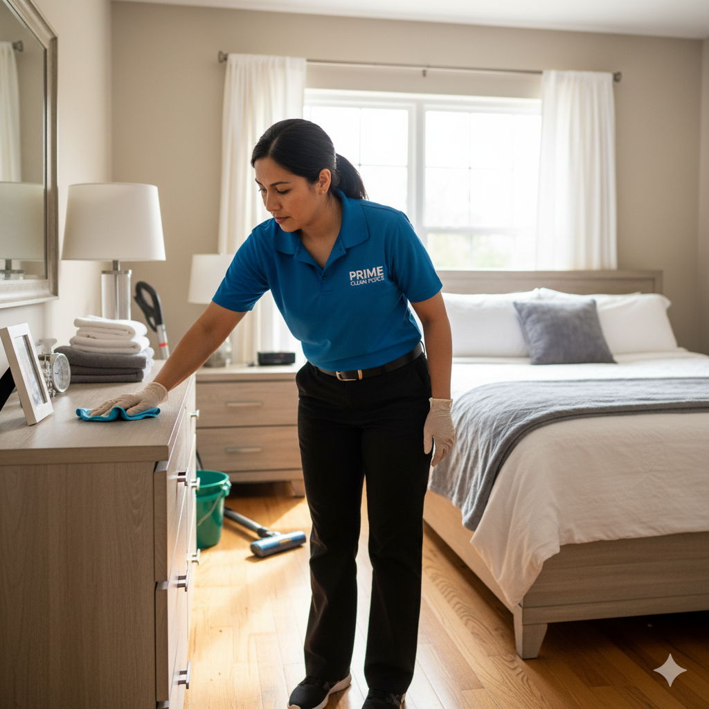 Professional cleaner actively wiping a surface during a turnover in College Park, GA