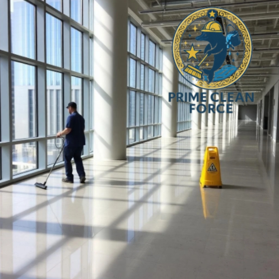 Professional cleaner wiping down a modern office lobby in Atlanta, GA