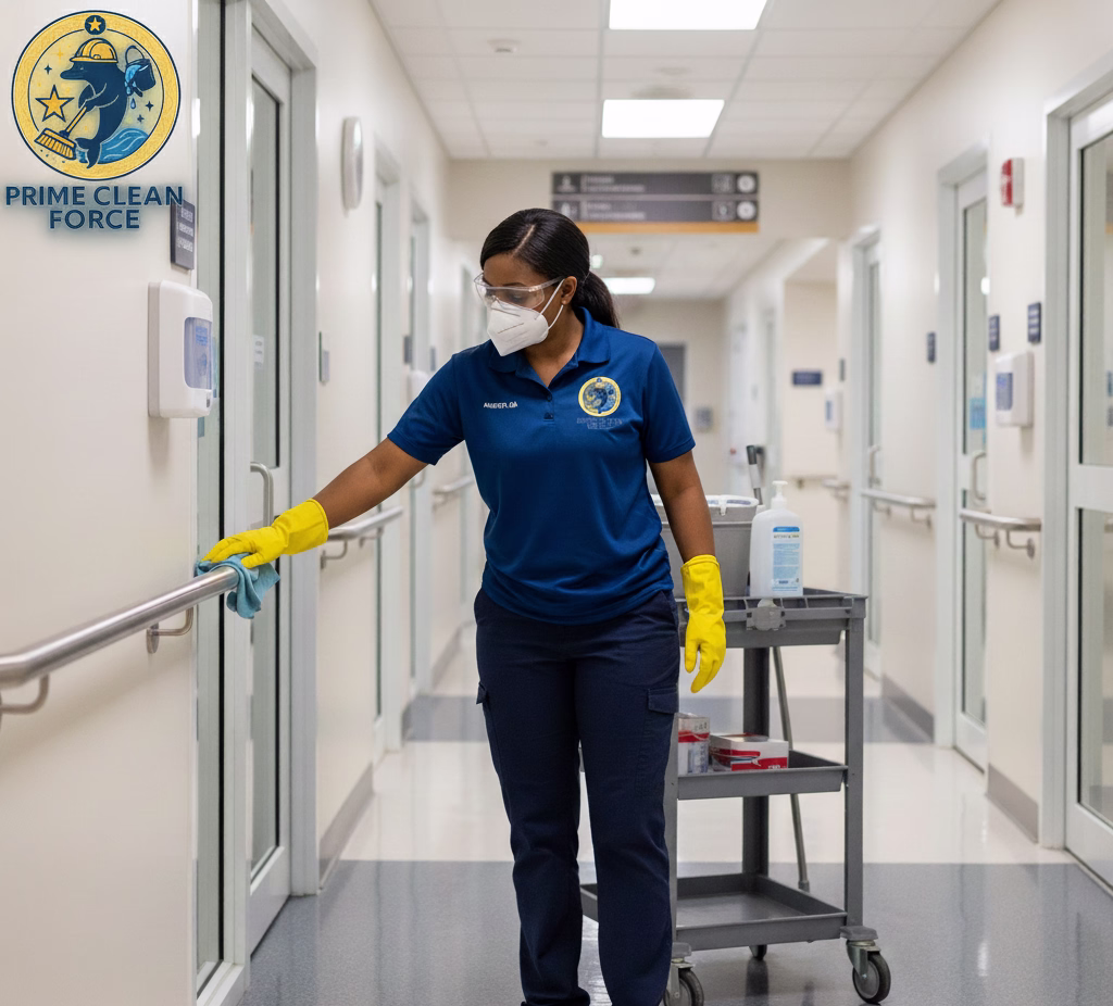 Prime Clean Force employee cleaning a medical facility in Augusta GA