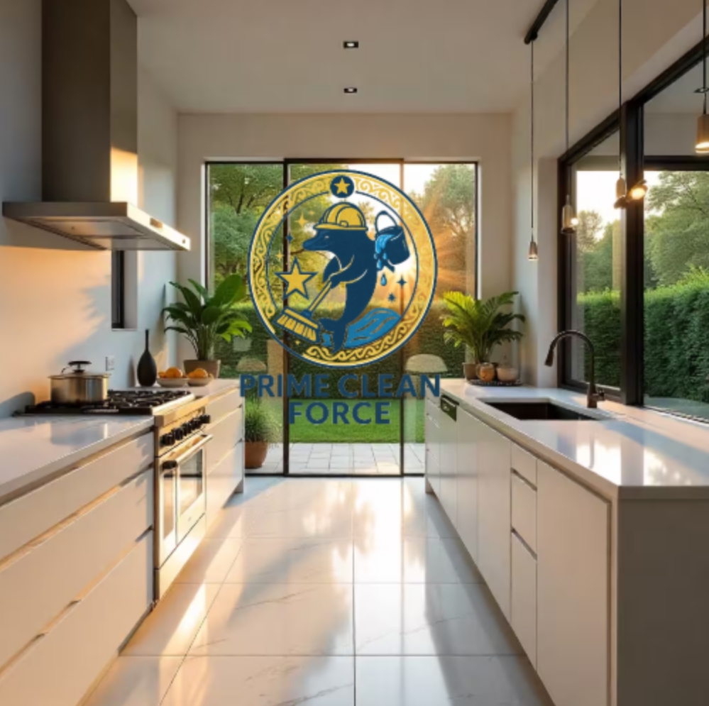 A sparkling clean, modern kitchen with stainless steel appliances and polished countertops.