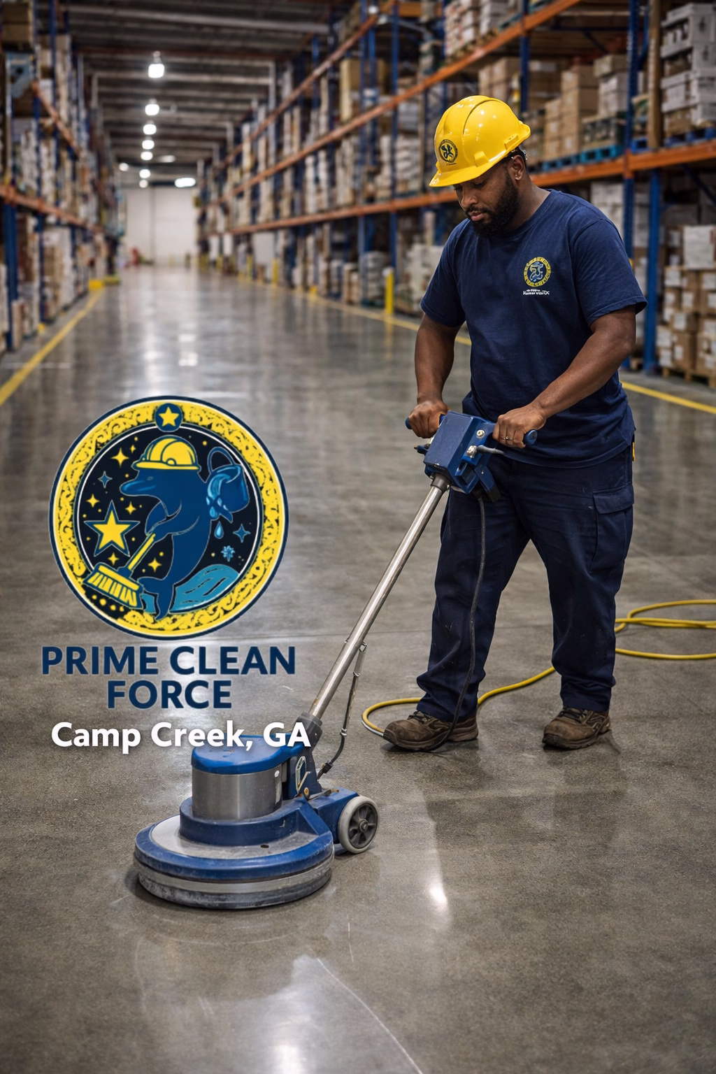 Prime Clean Force industrial polished concrete floor care guide for logistics facilities near Camp Creek