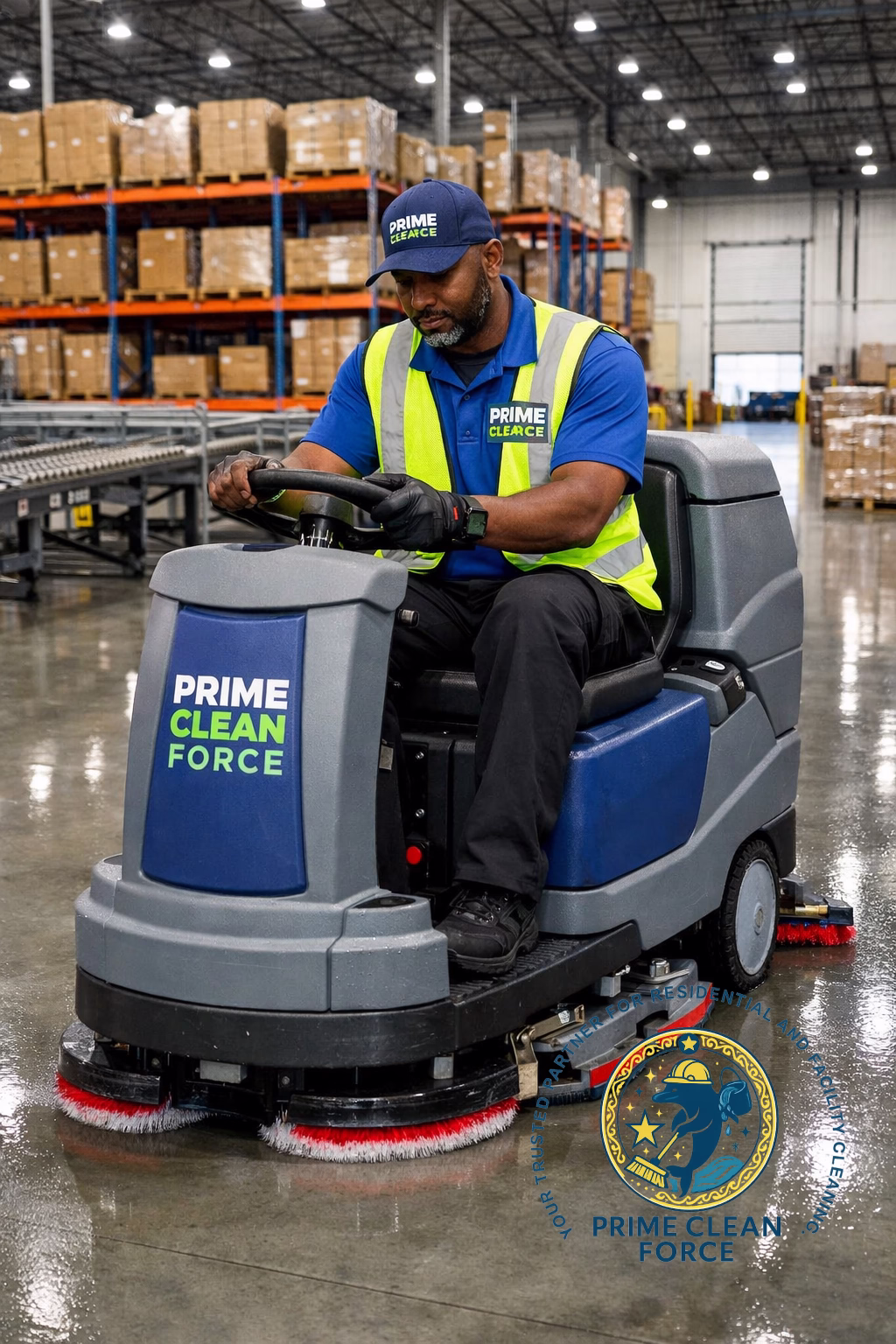 Prime Clean Force industrial floor scrubber machine operating in a modern College Park logistics warehouse