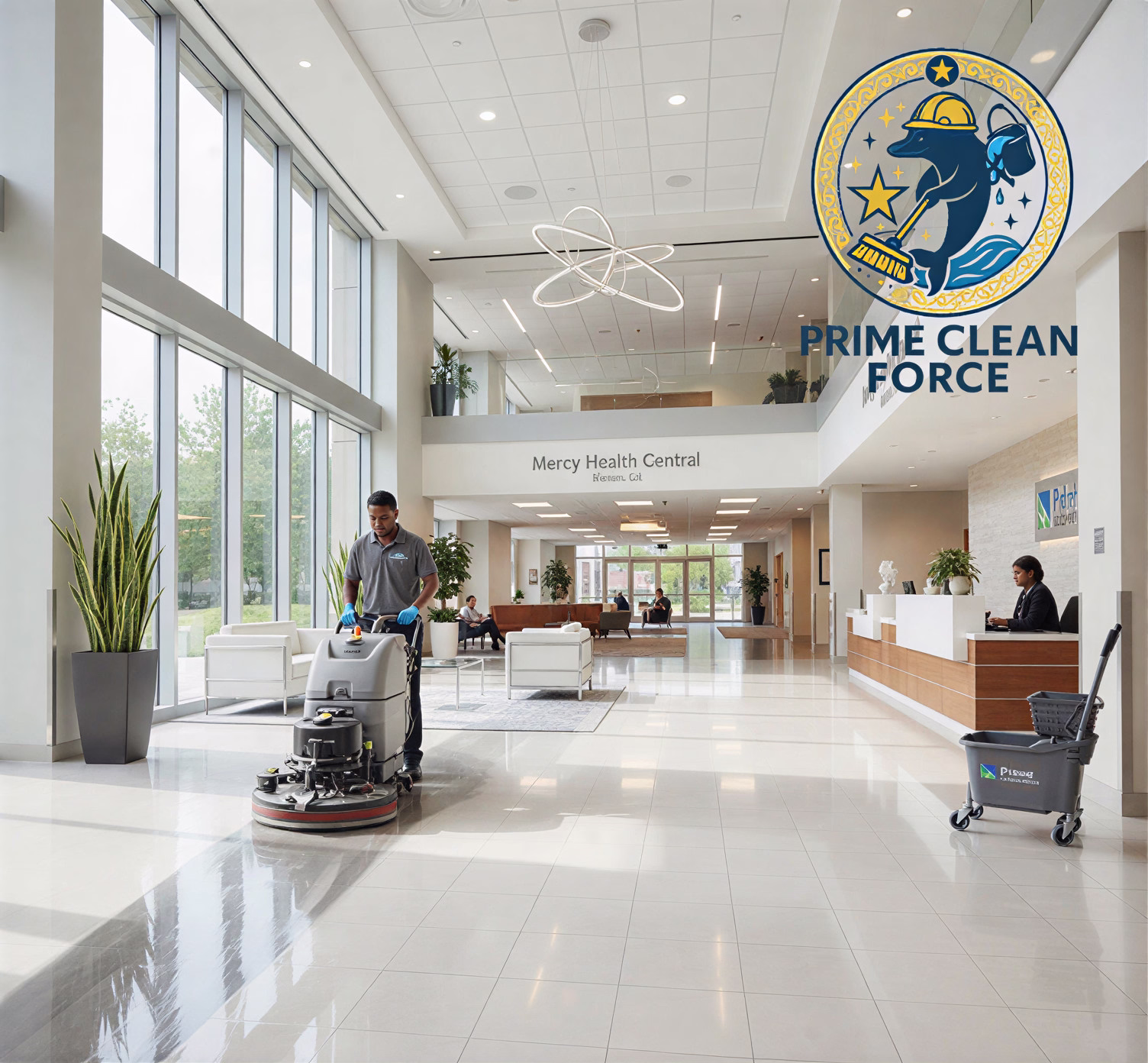 Prime Clean Force employee cleaning a huge hospital in Macon, GA