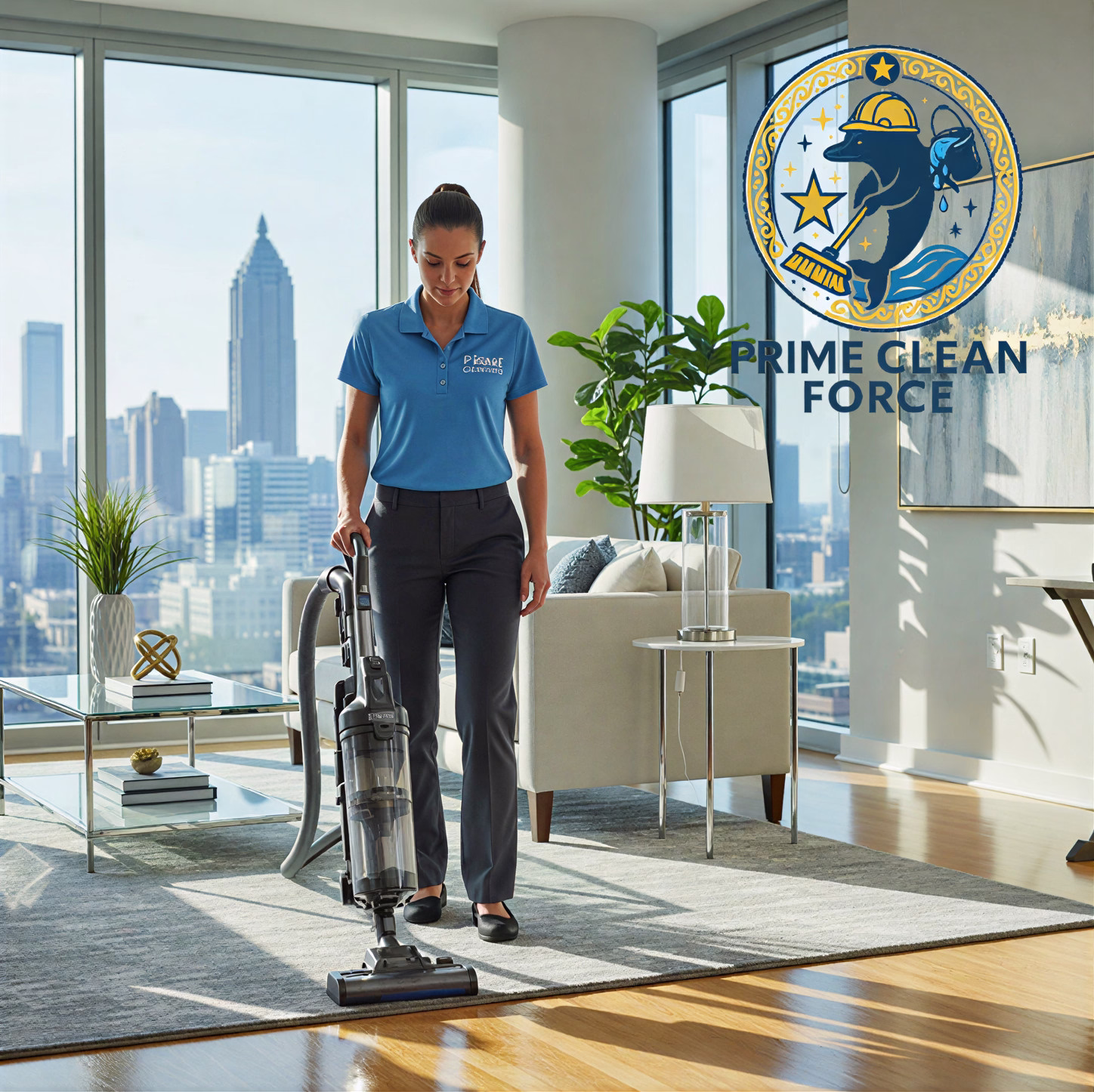 Prime Clean Force professional cleaner vacuuming a modern living room in a Midtown Atlanta luxury condominium